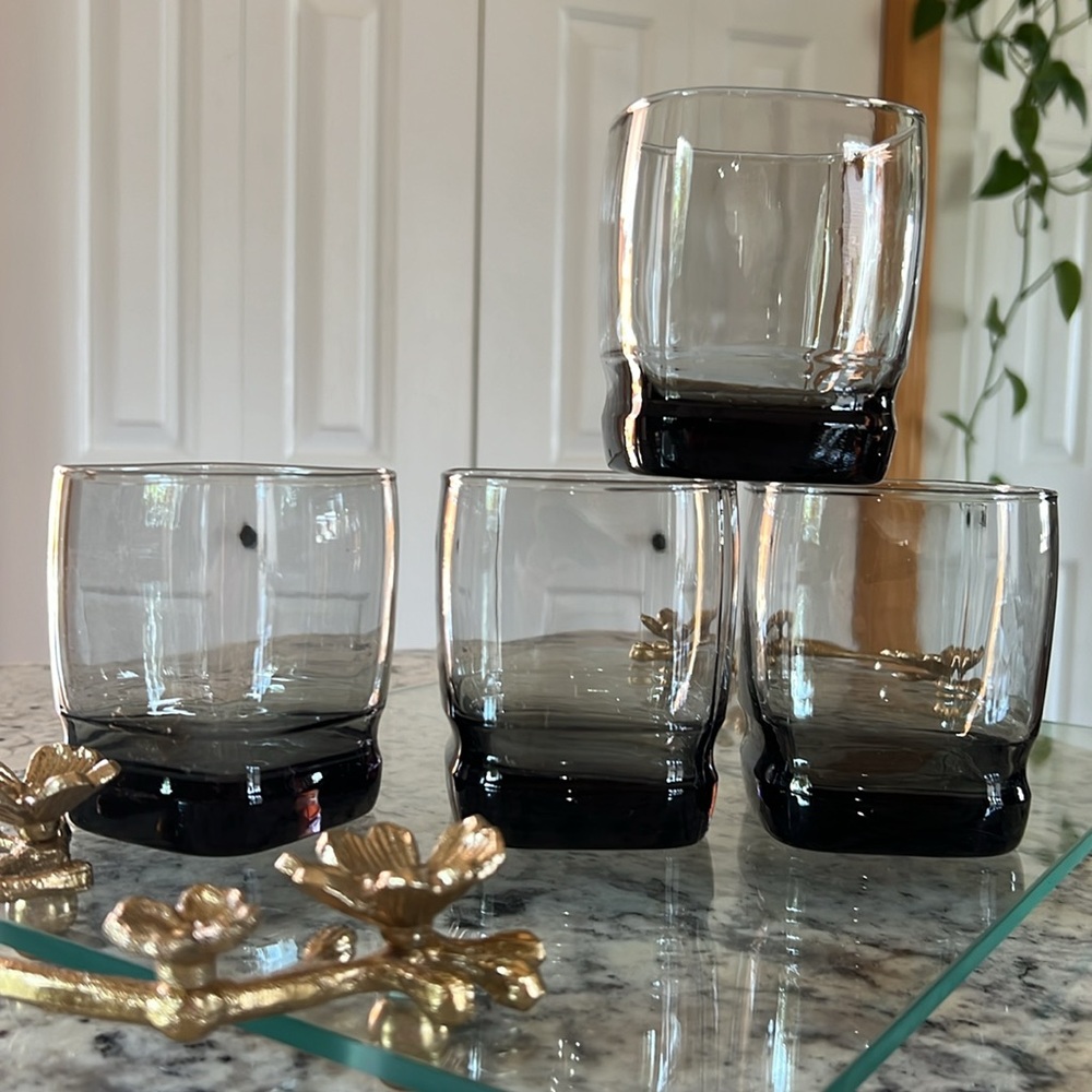Set of 4 Libbey Carrington Smokey Dark Square Rocks Tumblers Vintage Barware
